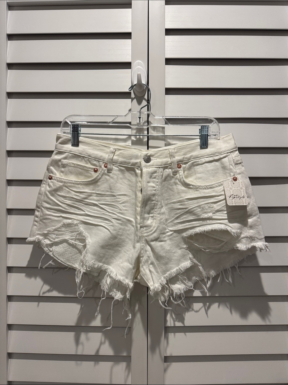 We The Free White Distressed Frayed Hem Denim Shorts